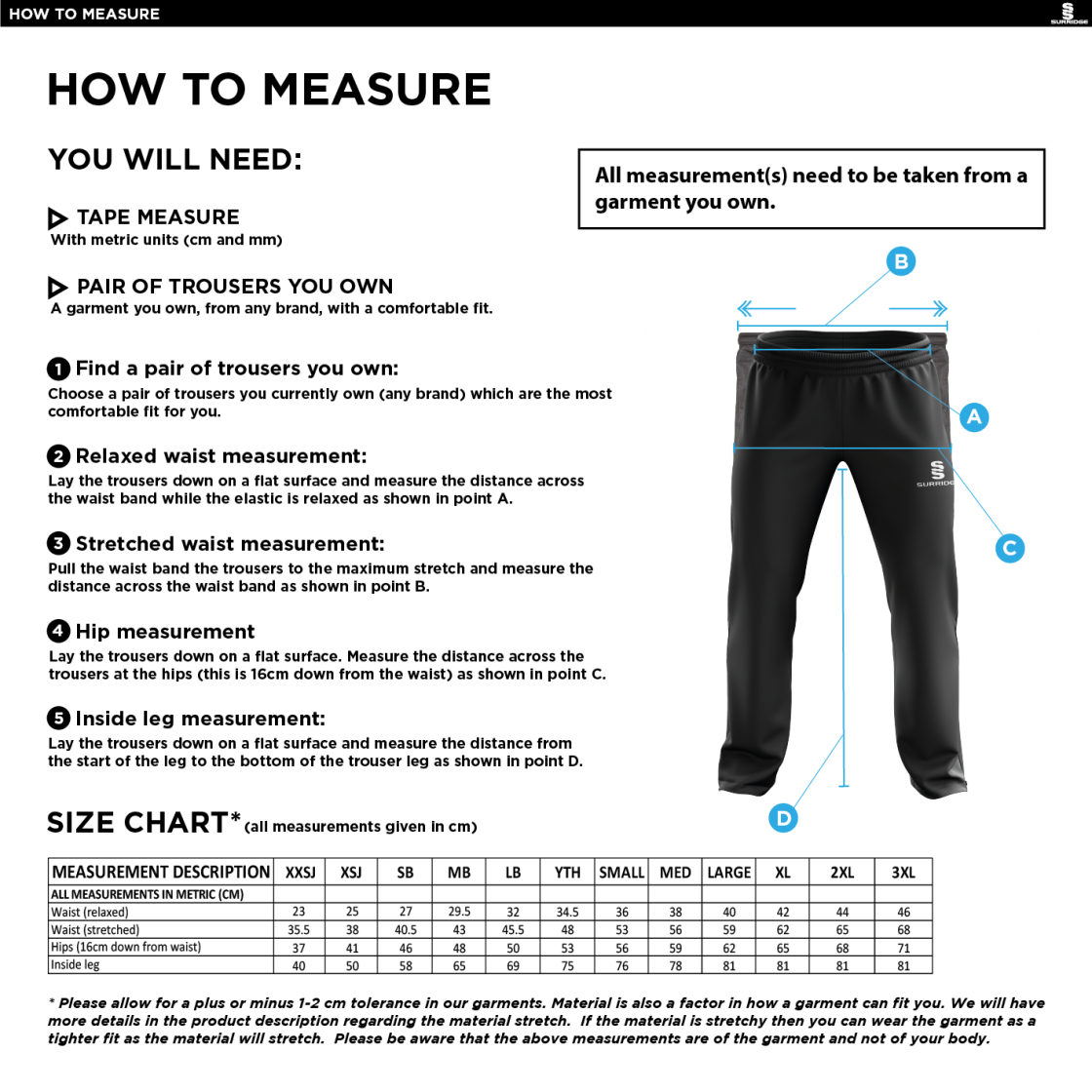 North Middlesex CC - Poplin Track Pants - Size Guide